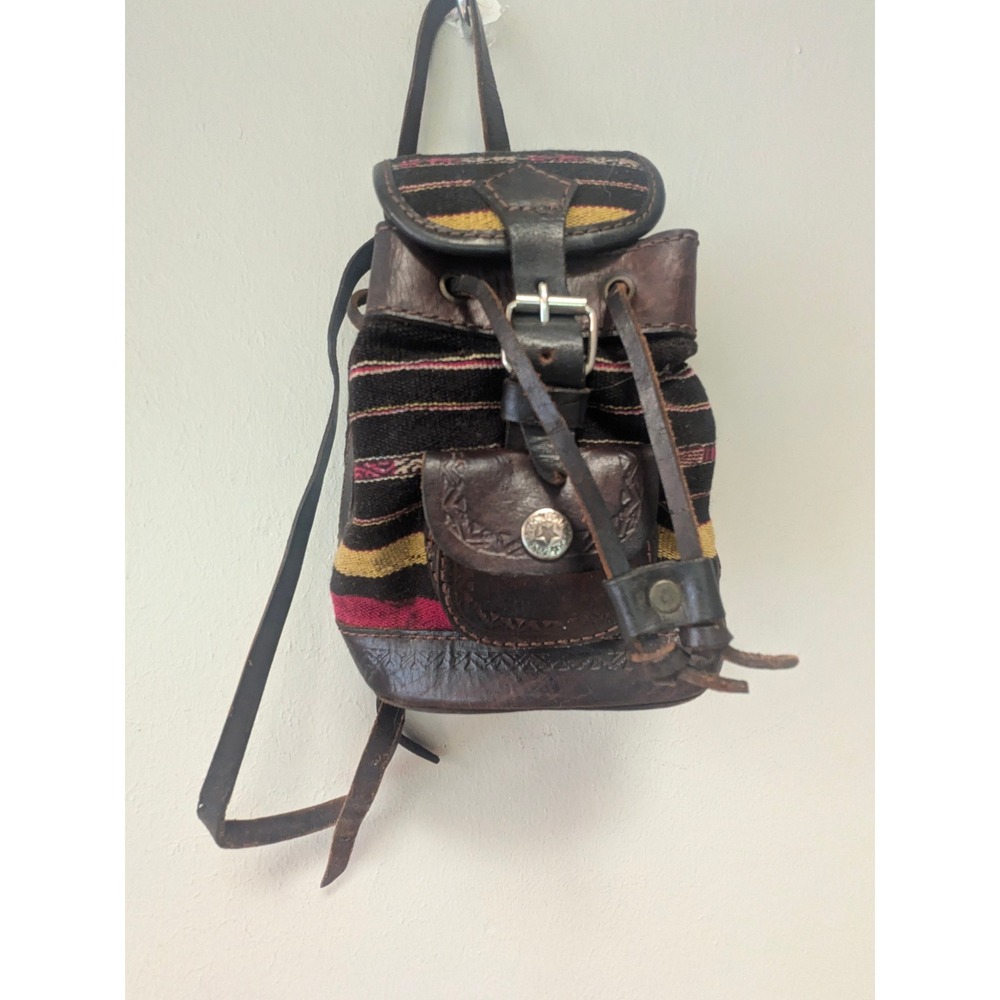 Vintage 1990s Woven Serape Mini Backpack Brown Leather Boho Western Purse